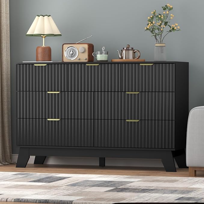 Fluted Dresser for Bedroom,7 Drawer Dresser for Closet,Storage Cabinet and Chest of Drawers with Gold Handle,TV Stand,Storage Organizer for Living Room,Hallway,Entryway,Black