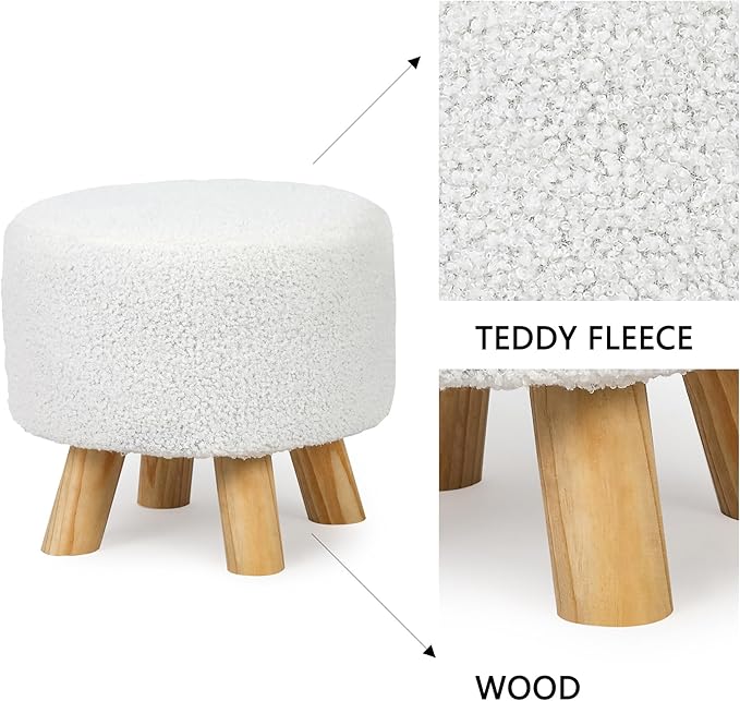 Asense Small Round Ottoman Foot Rest Stool Teddy Velvet Padded Seat Footstool Ottoman with Anti-Slip Wooden Legs (White,Teddy Velvet)