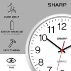 Sharp Wall Clock – Silver, Silent Non Ticking 14 Inch Quality Quartz Battery Operated Round Easy to Read Home/Kitchen/Office/Classroom/School Clocks, Sweep Movement