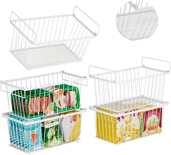 5 Pack Stackable Deep Freezer Organizer Bins ，Upgraded Bottom Leak-Proof net，Encryption and Hardening ， Freezer Organizer Bins for 5 to 7 Cu.FT Small Chest Freezer， Easy Get Bottom Foods