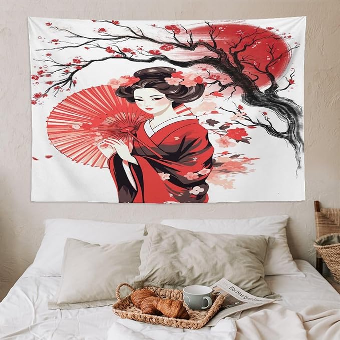 Japanese Red Geisha Tapestry Asian Cherry Blossom Traditional Kimono Folk Tapestries Home Decor for Living Room Bedroom Apartment Farmhouse Dorm 90"x60"