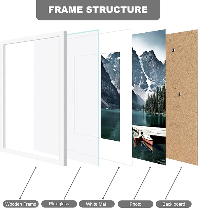 11x17 Picture Frame Set of 3 - Display 8x12 Photo with Mat or 11 x 17 Poster without Mat, Wall Mounting Horizontal and Vertical, White