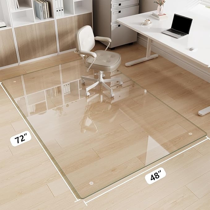 Glass Chair Mat 48" x 72" Heavy Duty Tempered Glass Mat,Office Glass Floor Mat with Round Corner and Polished Edge for Smooth Glide, Carpet Hardwood Floor Protector