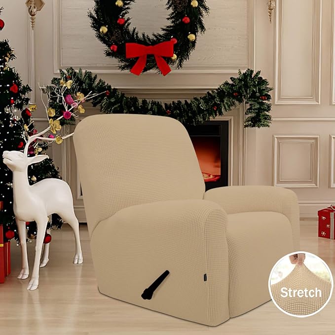 Easy-Going Recliner Stretch Sofa Slipcover Sofa Cover 4-Pieces Furniture Protector Couch Soft with Elastic Bottom,Polyester Spandex Jacquard Fabric Small Checks(Recliner,Sand)