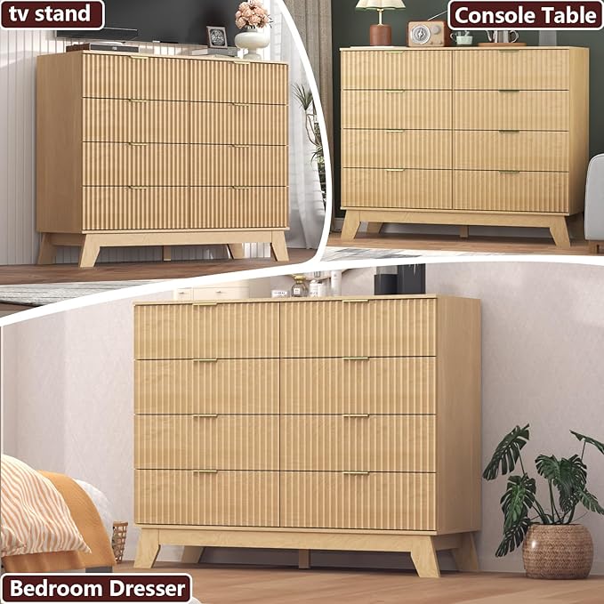 Fluted Dresser for Bedroom,8 Drawer Dresser for Closet Organizer and Storage Cabinet,Chest of Drawers with Gold Handle,TV Stand,Storage Organizer for Living Room,Hallway,Entryway,Nature Oak