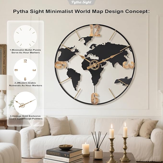 24 Inch Large Wall Clock,Modern Decorative Big World Map with Vintage Gold Arabic Numeral Extra Giant Metal Oversized Wall Clocks for Living Room,Office,Kitchen,Dining Room,Bedroom