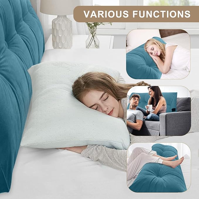 Large Triangular Headboard Pillows Long Backrest Positioning Support Bolster Cushion for Daybed Fluffy Quality Plush Body Wedge Pillow with Removable Cover(Dark Blue-Cal King-71x8x20 in)