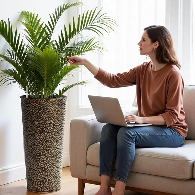 Worth Garden 2-Pack 28" H. Metal Planters with 2X Inside Pots - Hand-Hammered Texture Tall Narrow Cone Plant Pots - Large Handcrafted Bronze Flower Pot for Indoor Outdoor, Deck, Patio, Front Porch