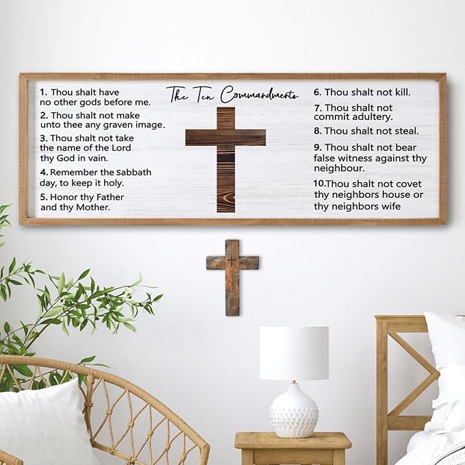 Ten Commandments Rustic Bible Verse Framed Wall Art 40" x 15" Natural Religious Christian Slogan Representing God Jesus Christ Prayer Vintage Holy Inspirational Catholic Scripture Decor
