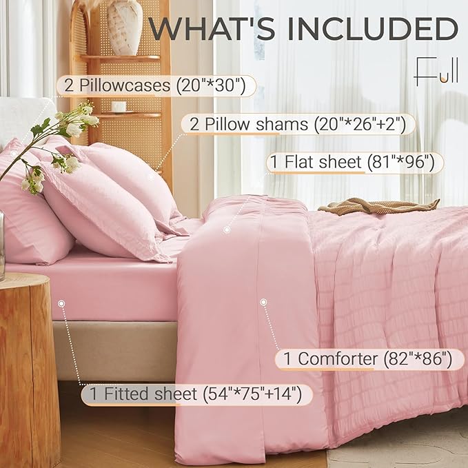 MUXHOMO 7 Pieces Full Comforter Set, Seersucker Bed in a Bag Full Size, All Season Luxury Bedding Set with Comforter, Flat Sheet, Fitted Sheet, Pillowcases & Shams, Pink