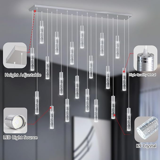 20-Lights Modern Crystal Chandeliers LED Pendant Light for Kitchen Island Dining Room Entrance Foyer Living Room Silver