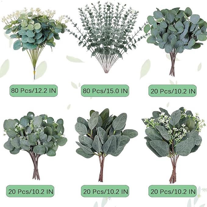 240 Pcs 6 Kinds Mixed Eucalyptus Leaves Stems Bulk Artificial Silver Dollar Eucalyptus Leaves Picks Dried Eucalyptus Bundle Faux Spray for Wedding Vase Bouquet Floral Arrangement Decor (240)