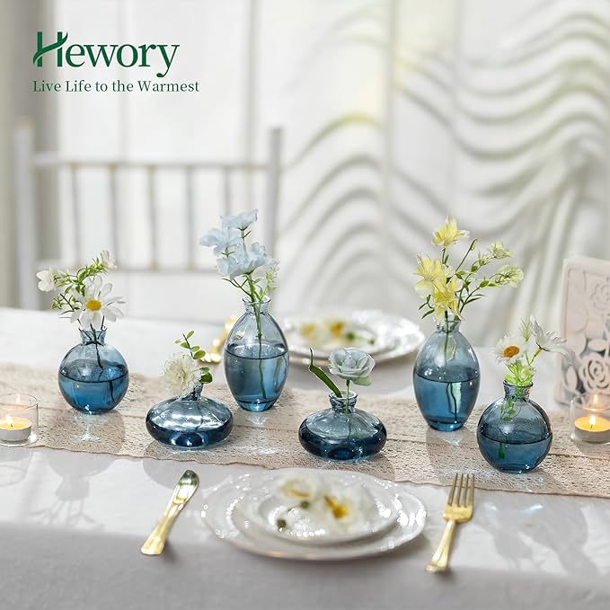 Hewory Glass Bud Vases for Centerpieces: Set of 12 Cute Blue Small Vases Handmade, Mini Flower Vase for Floral Arrangement, Tiny Decorations for Home Office Wedding Reception Party Events Table Decor