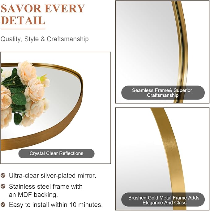 ANDY STAR Gold Bathroom Mirror, 24"x36" Brushed Brass Asymmetrical Wall Mirror in Stainless Steel Metal Frame, Unique Vanity Mirror with Modern Curved Design, Ideal for Bathroom, Bedroom, Entryway