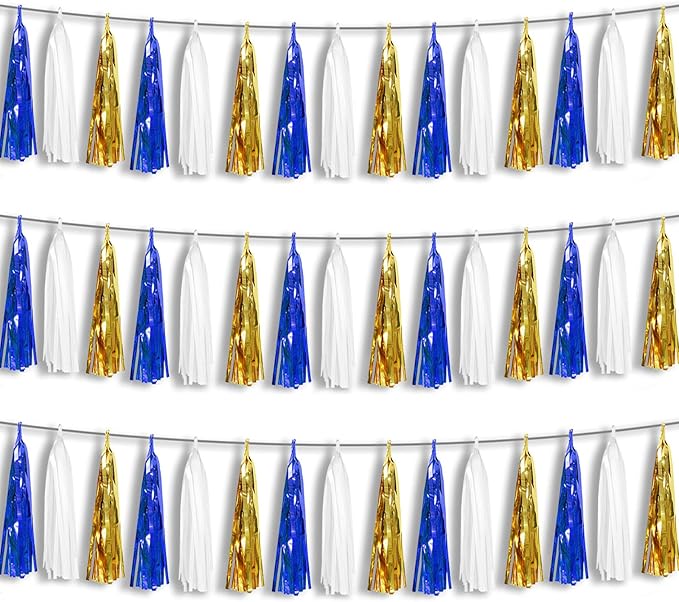 3P Navy-Blue White-Gold Foil Fringe Metallic Tassel-Garland, Tassels Banner Streamers for Parade Floats, Bachelorette, Wedding, Birthday, Halloween, Christmas, Bridal/Baby Shower Party Decorations
