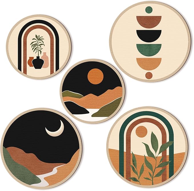 Qunclay 5 Pcs Wall Art Decor Wooden Living Room Wall Decor Bohemian Hanging Farmhouse Geometric 10'' and 8'' Aesthetic Wood Minimalist Posters for Bedroom(Sunset)