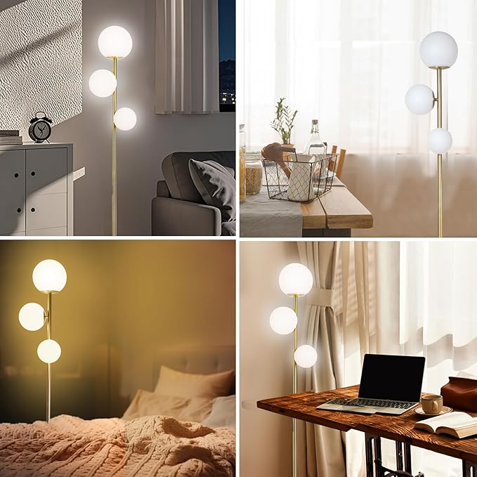 Mid Century Gold Floor Lamp,Dimmable LED Brass Floor Lamp Touch Control with Remote,Vintage Modern 3 Globe Standing Lamp for Corner,Living Room,Bedroom