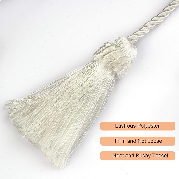 Fenghuangwu Curtain Tiebacks Handmade Decorative Curtain Holdbacks Rope with Tassel (White, 4P)