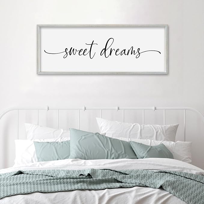 SRSZHIYUE Sweet Dreams Above Bed Wall Decor, 32"x12" Large Rustic Master Bedroom Over Bed Sign Guest Room Couples Wood Framed Farmhouse Horizontal Hanging Decoration (White)