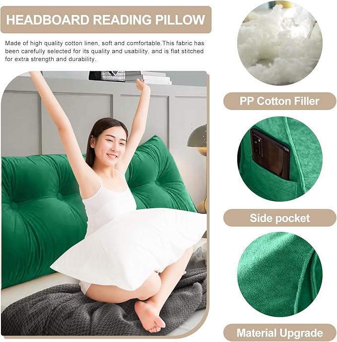Large Triangular Headboard Pillows Long Backrest Positioning Support Bolster Cushion for Daybed Fluffy Quality Plush Body Wedge Pillow with Removable Cover(Dark green-Full-54x8x20in)