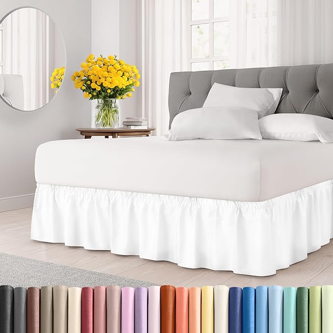 Wrap Around Dust Ruffle Bed Skirt - White - for Queen Size Beds with 24 Inch Drop - Easy Fit Elastic Strap - Adjustable Pleated Bedskirt w/Brushed Fabric - Wrinkle Free - for Women, Men, Kids & Teens