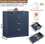 LEYAOYAO Fluted 5 Drawers Dresser for Bedroom, 34" Tall Modern Chest of Drawers with Metal Handle, Curved Profile Design,Navy Blue Wood Drawer Organizer for Bedroom, Living Room, Hallway, Entryway
