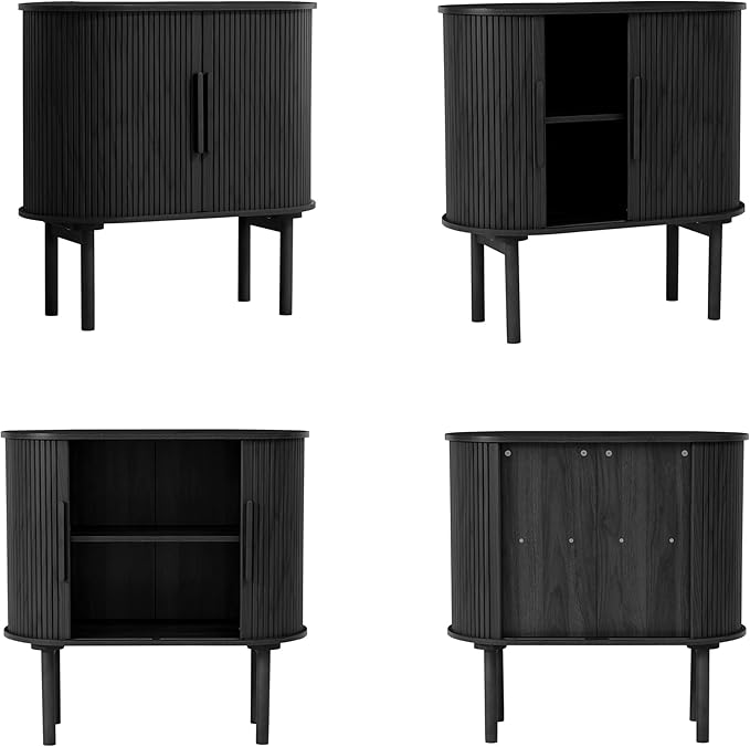 31'' Fluted Sideboard Buffer Cabinet, Modern Credenza Storage Cabinet with Slide Doors, Bar Cabinet Console Table for Living Dining Room Kitchen Hallway Entryway, Black