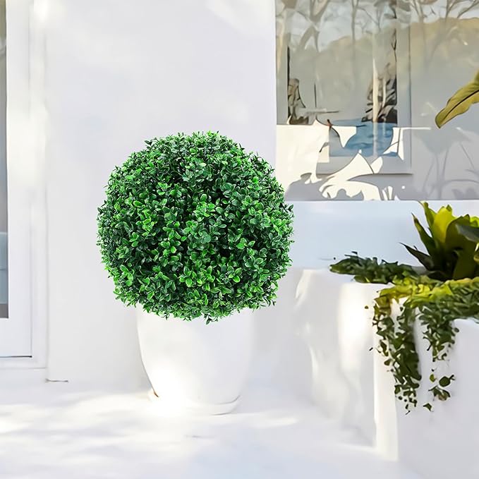 Artificial Boxwood Topiary Ball Trees with Ground Spikes UV Resistant Faux Greenery Shrubs Fake Shrubs for Outdoors, Realistic Faux Plants Bushes for Garden Porch Yard Patio Decor (Green Boxwood)