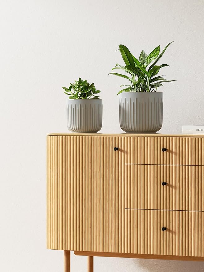 LE TAUCI Fluted Ceramic Planters Set of 3 – 8.3/7 / 5.7 in Star White Reactive Cylinder Indoor Plant Pots with Drainage Plug & Mesh, Glossy Stoneware Flower Pots for Succulents Herbs