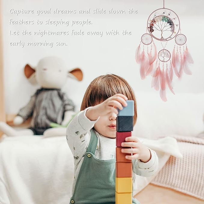 7 Chakras Dream Catchers Tree of Life Large Dream Catcher Pink Feather Wall Decor with Rainbow Healing Crystal Stone Wall Art Hanging Ornaments for Bedroom Home Decor Blessing Gift Wedding -4 Rings