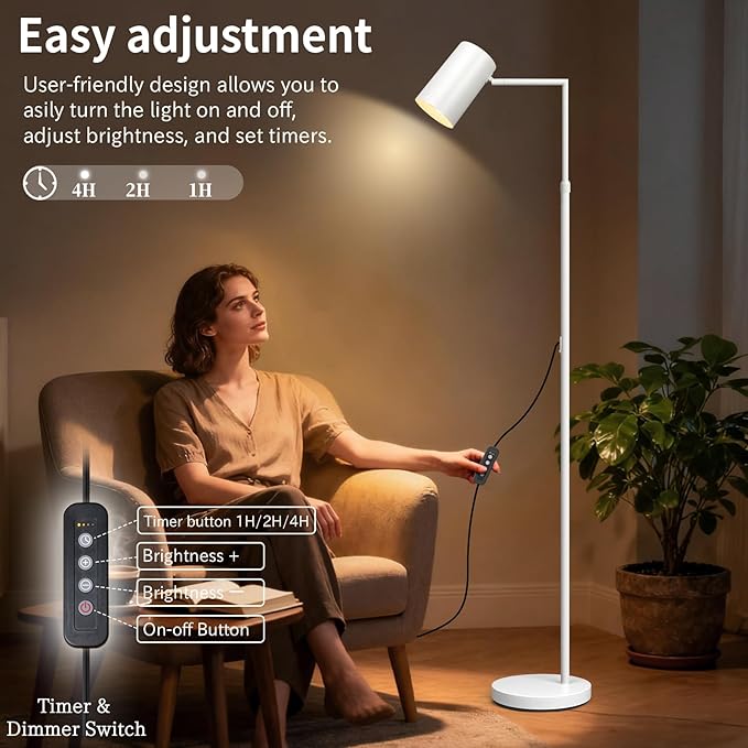 Stepless Dimmable Arc Floor Lamp for Living Room with Timer,Height Adjustable Modern Reading Standing Lamps for Living Room,Reading Room,Office,LED Bulb Included (White-DM)