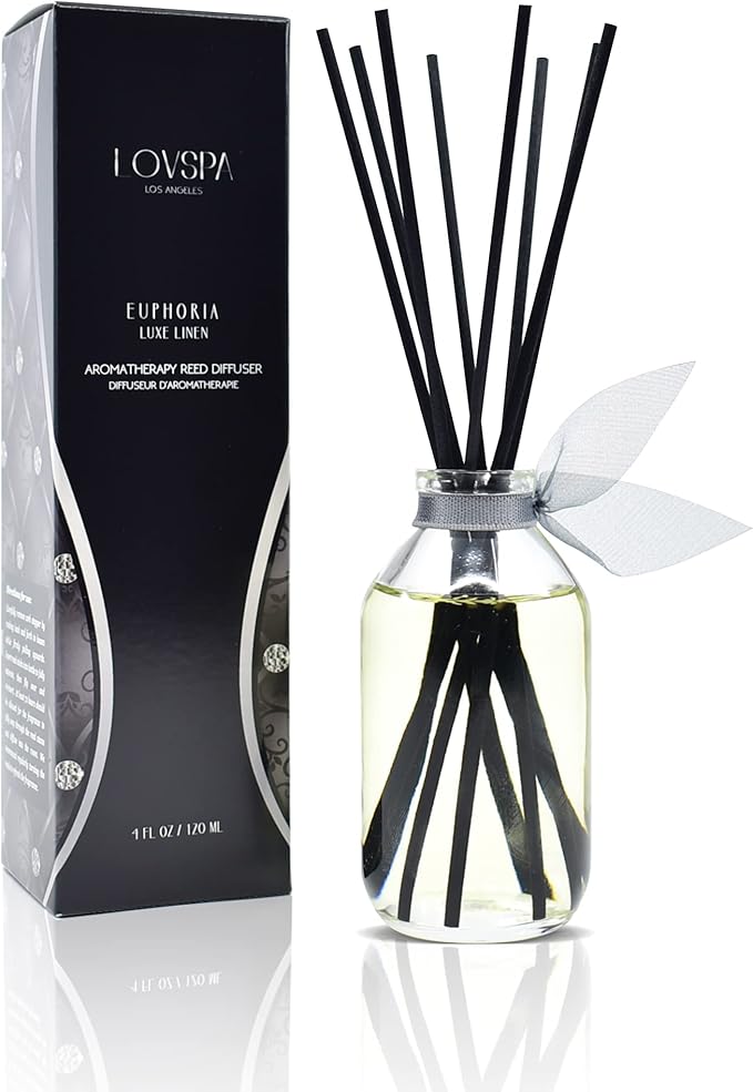 LOVSPA Reed Diffuser Set, Euphoria Luxe Linen Scented Oil Diffuser with Sticks, Home Fragrance Accessories for Bathroom Shelf Decor, Aroma Diffusers for Home or Office Fall Decor, USA Made