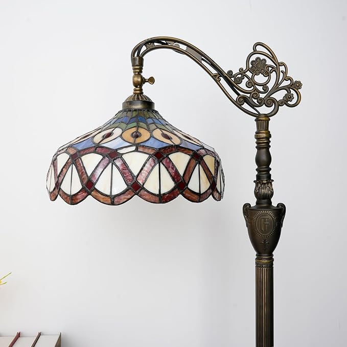 Tiffany Floor Lamp Yellow Peacock Tail Stained Glass Floor Light Adjustable Angle Tall Standing Lamp 63 inches for Home Living Room Bedroom