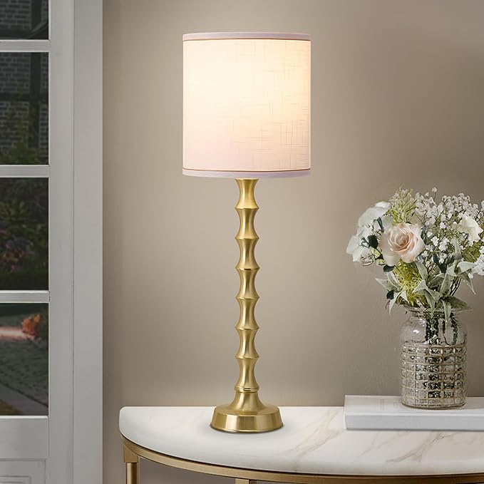 30.5" Gold Table Lamps for Living Room, Gold Buffet Lamp Set of 2 for Sideboard, Modern Golden Lamps Set of 2 Tall Skinny, Tall Golden Bamboo Lamp for Home Office, Skinny Candlestick Lampset