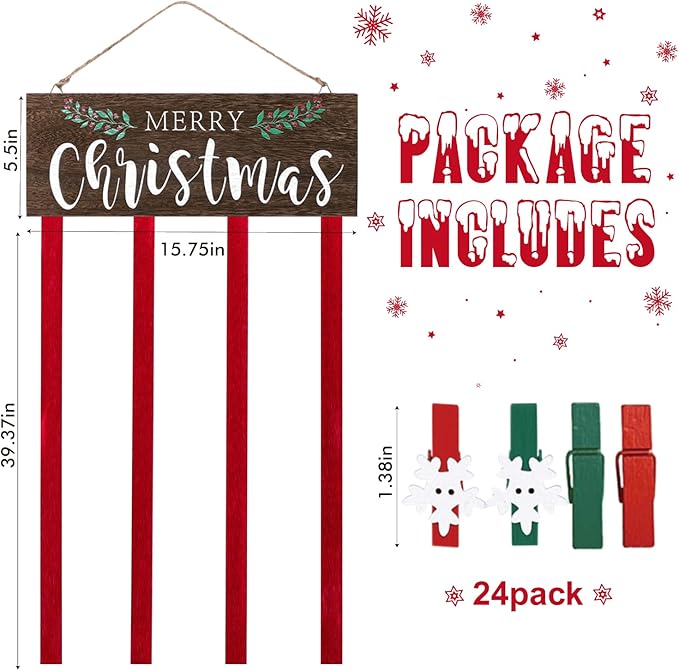 Christmas Card Holder Display, Card Holder Wall Display, Merry Christmas Wooden Decor, Xmas Hanging Picture Holders with 24 Photo Clips, Xmas Decor for Wall Door Window Home