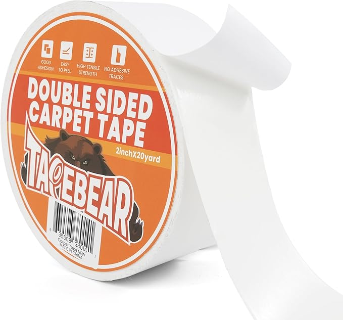 TAPEBEAR Double Sided Carpet Tape 2Inch x 20Yards, Heavy Duty Rug Tape Residue-Free Carpet Gripper for Area Rugs, Wood, Floor, Multipurpose Gripper Non Slip Tape, White