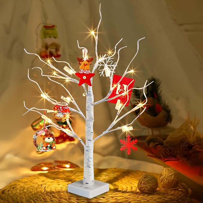 PABIPABI Money Tree Gift Holder, 24 LED Lighted Display Tree with 6 Clear Clips, Battery/USB Powered Timer Birch Tree for Christmas, Memo, Present Card, Photo, Wedding, Birthday Graduation