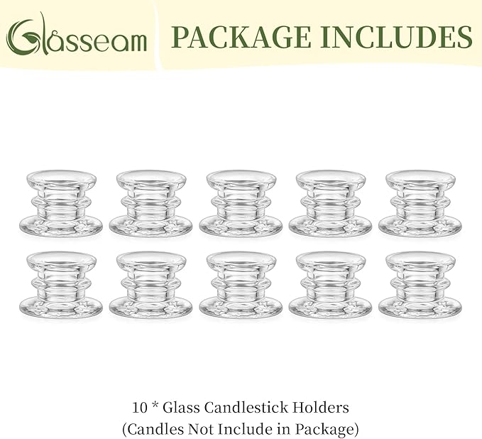 Glasseam Taper Candle Holders Bulk: 10pcs Glass Candle Sticks Holder Decor Clear Short Small Candlestick Holders Modern for Table Centerpiece Wedding Christmas Dinner Party