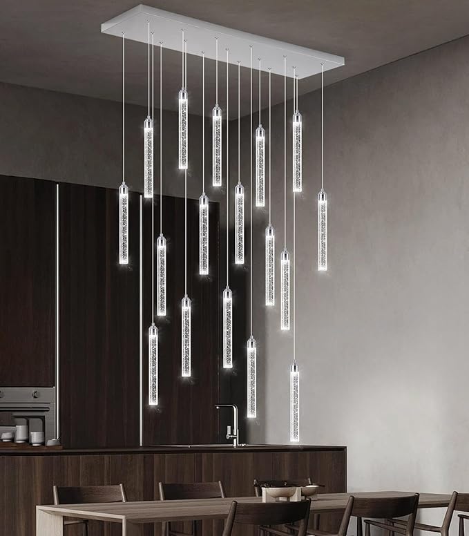 Rectangular Chandeliers 17-Lights Long Light for Entryway LED Dimmable Chandeliers Lighting Fixture Flat Sloped High Ceiling Pendant Lights Crystal for Living Room Foyer Hallway Staircase Silver