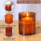 Amber Glass Cylinder Vases for Centerpieces, Set of 6 Small Vases for Flowers, Ribbed Flower Vases Fall Wedding Table Decor for Hurricane Floating Candle Holder, Bud Vases for Home Party Decor, 4"