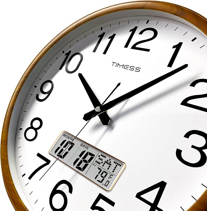 Wall Clock, Classic Wood Style Finish, 16 Inch Non-Ticking Silent Battery Operated Quartz Analog with Perpetual Calendar and F° Temperature Display, Home, Office Décor (Wood Yellow)