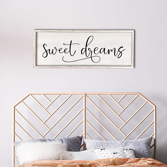 comurdyo Sweet Dreams Wall Decor Above Bed Sign 40" x 15" Master Bedroom Wooden Antique Framed Large Rustic Farmhouse Guest Room Beautiful Simple Hanging Plaque Over Bed Wall Art (White)