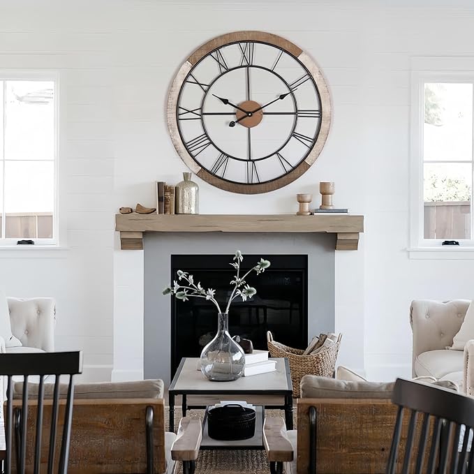 Wall Clock for Living Room Decor, 27.5'' Big Clock for Office, Rustic Wall Clock Battery Operated, Distressed White Roman Numeral Clock, Round, Wood