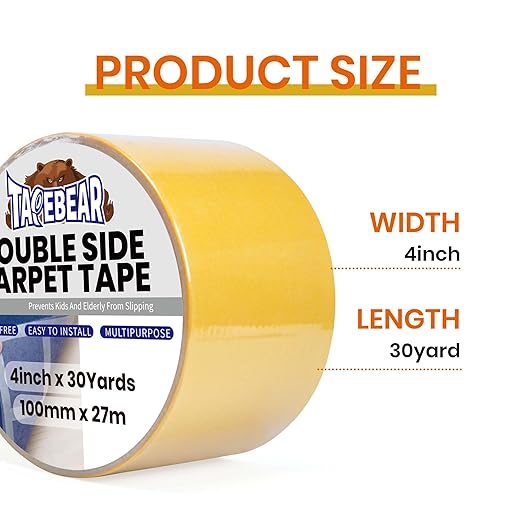 TAPEBEAR Carpet Tape Double Sided 4Inch x 30Yards, Heavy Duty Rug Gripper Anti Slip Anti Curling Floor Tape Residue-Free, Two Sided, Removable, Waterproof for Area Rugs, Mats, Strong Hold for Tile