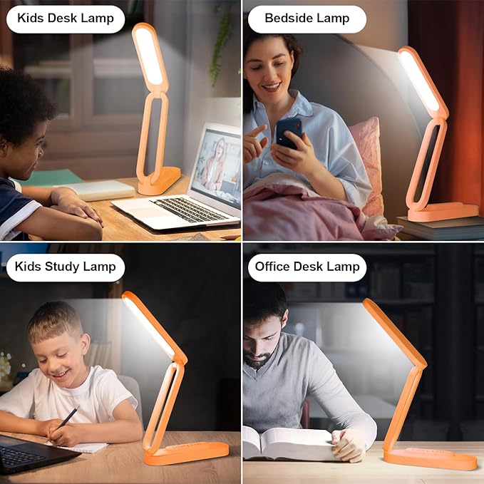 LED Desk Lamp for Office Home & Battery Operated Lamp Rechargeable Lamp Foldable & Portable Light, LED Desk Light Strip, 3 Brightness Dimmable Small Desk Lamp Reading Lamp (Orange)
