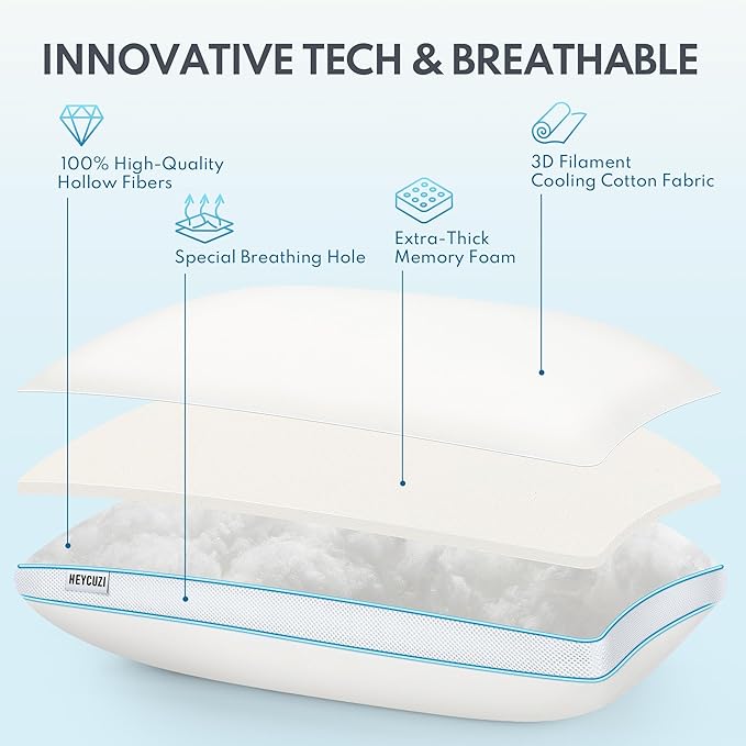 Bed Pillows Queen Size - Premium Luxury Hotel Quality Cooling Bed Pillows for Sleeping,Soft Fluffy & Memory Foam Filling,Support Loft Gusseted Bed Pillows for Side and Back Sleepers (Low)