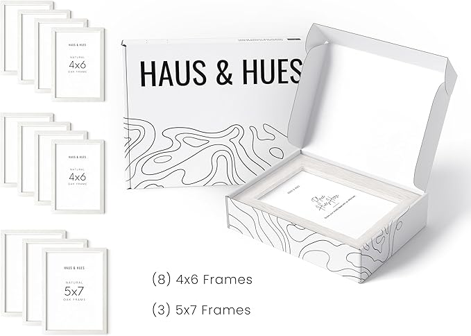 HAUS AND HUES White Oak Wood Gallery Wall Tabletop Frames Made with Real American Oak and Shatter-free Plexiglass - Set of 11 (Eight 4x6, Three 5x7, Framed White)