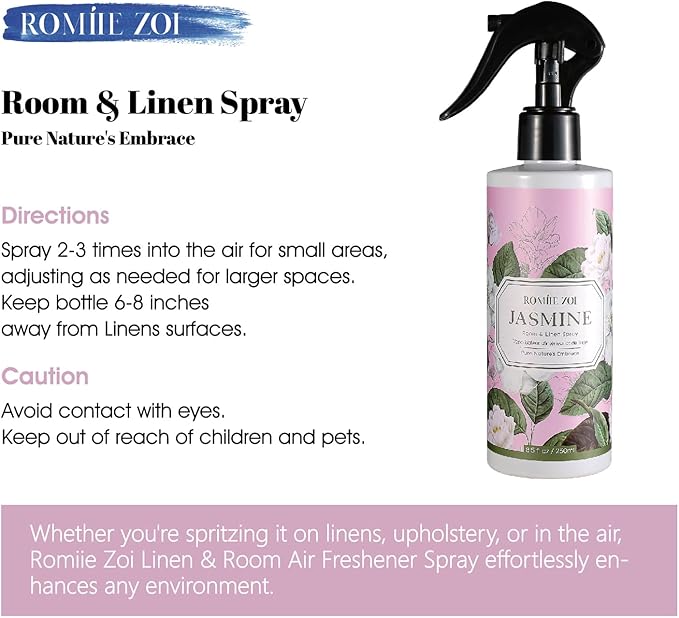 ROMIIE ZOI Room Spray Air Freshener, Fabric linen Spray air Freshener with Natural Plant Extract Scented Room Spray for Home Fragrance - Jasmine - 8.5 FL OZ
