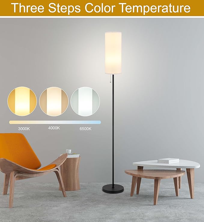 Floor Lamp for Living Room, Modern Standing Lamps with Lampshade, Minimalist Tall Lamp with Chain Switch for Living Room, Bedroom, Kids Room, Office,Standing Lamp LED Bulb Included (White Shade)