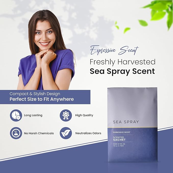 Expressive Scent – Home Fragrance Aromatic Sachets: Premium Long-Lasting Aroma, for Drawers Dressers Closets Car Kitchen, Sea-Spray